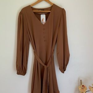 NWT Brown Dress with Elastic Sleeves and Decorative Buttons